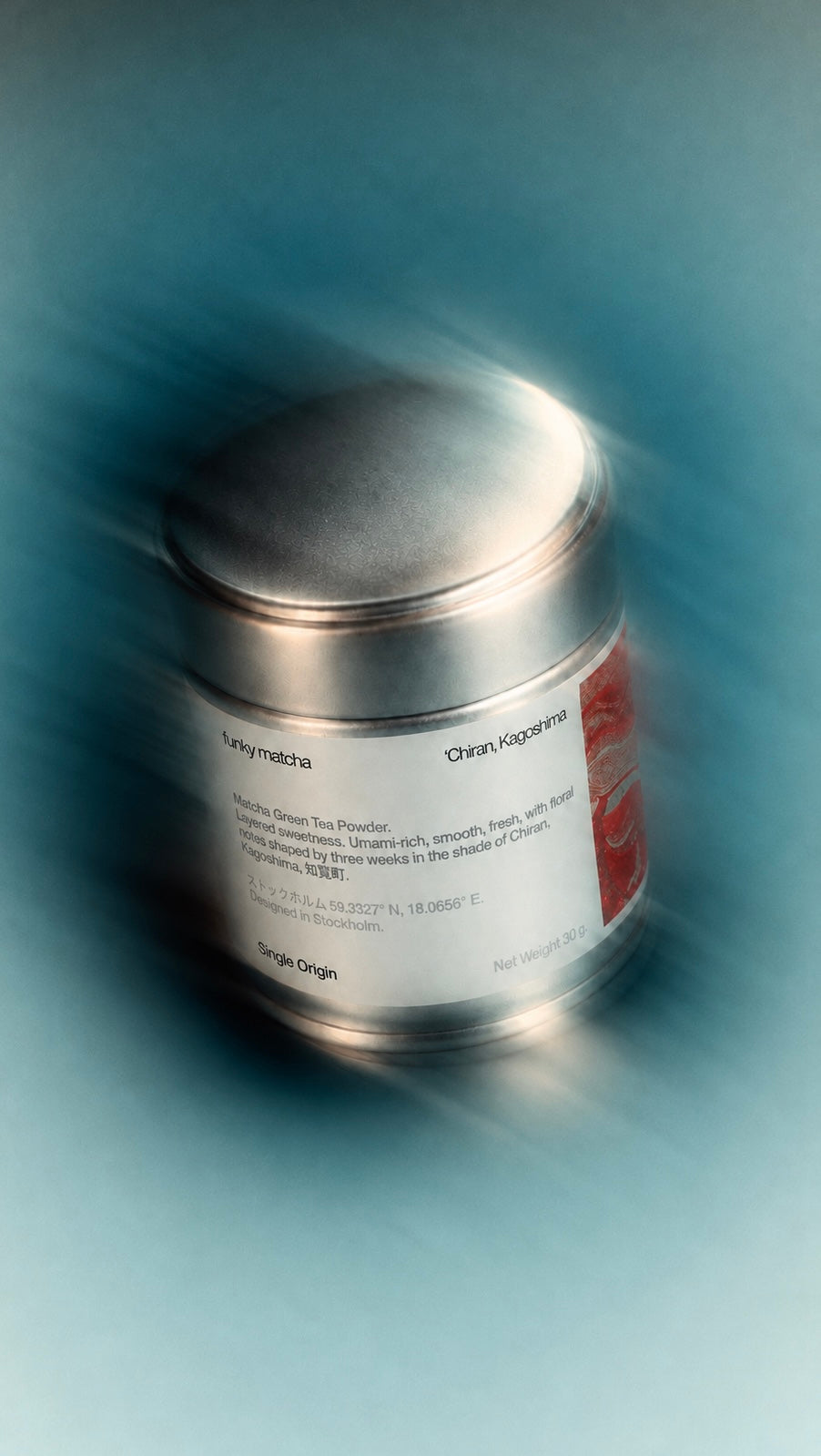 Funky Matcha single origin matcha powder from Chiran, Kagoshima in a silver tin