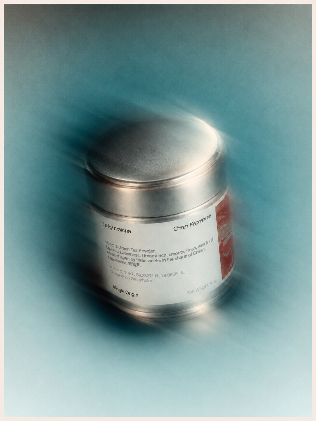 Funky Matcha Chiran, Kagoshima matcha tin with an artistic motion-blur effect on a blue background