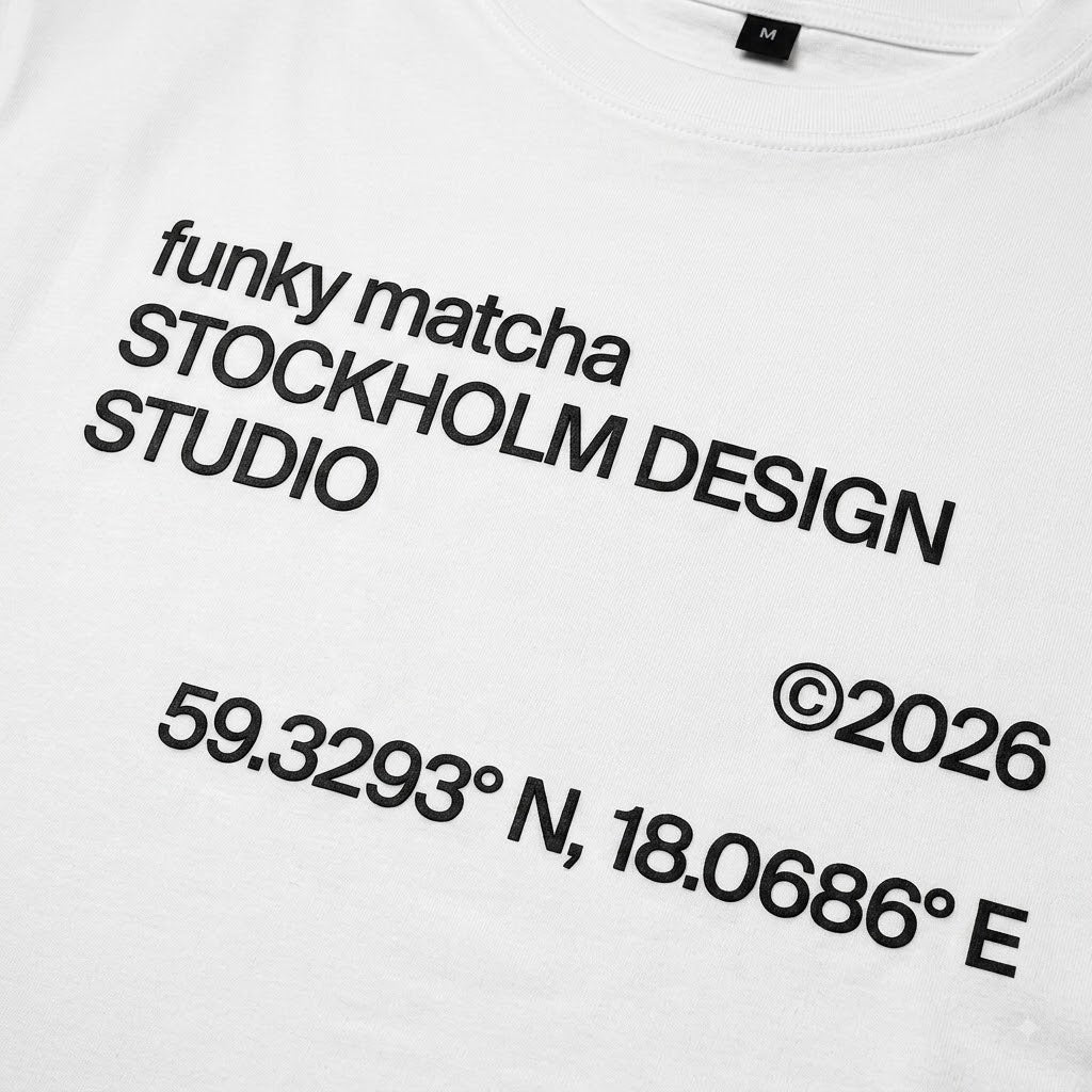 Funky Matcha Stockholm Design Studio White T-Shirt — Boxy Fit, Black Print (Unisex)