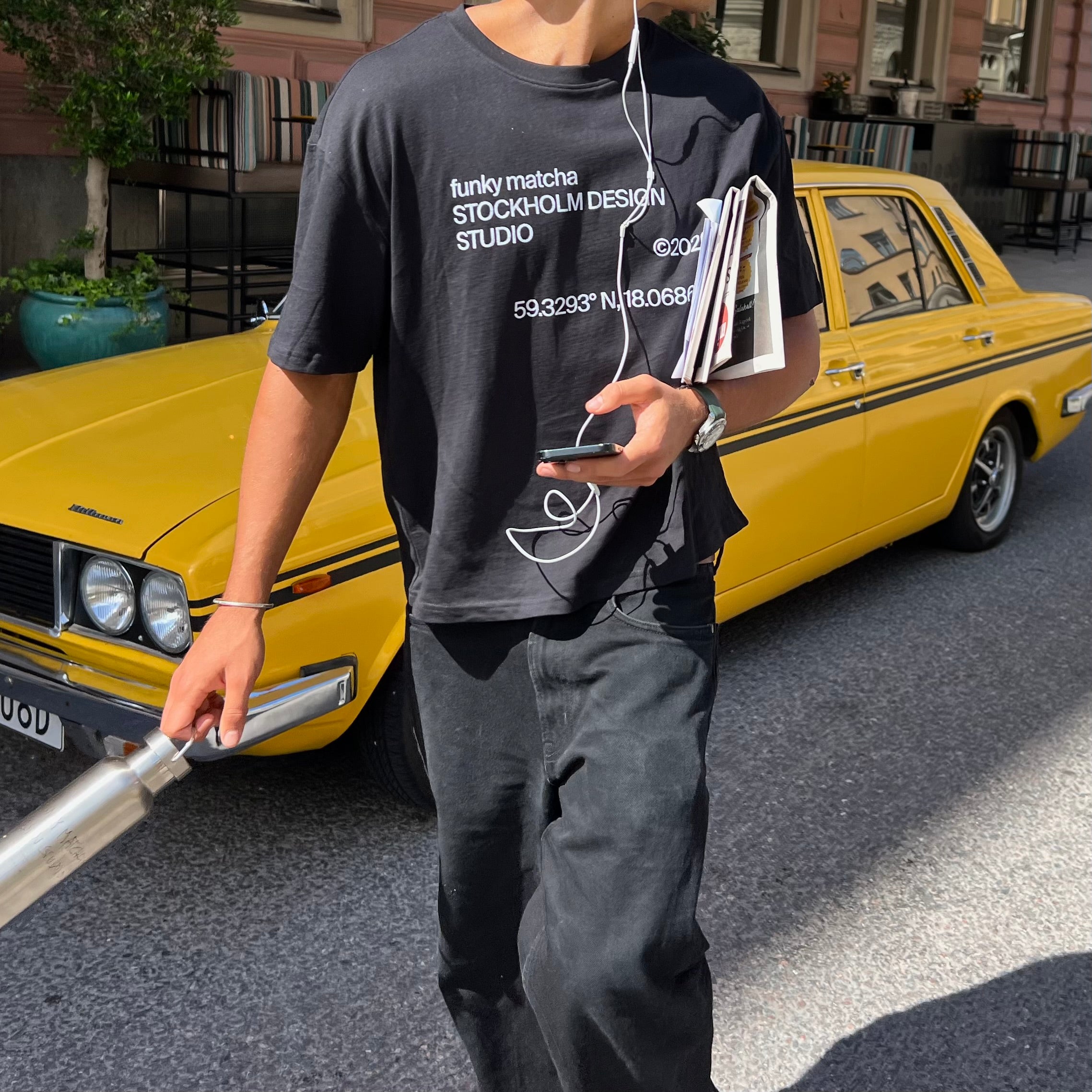 Funky Matcha Stockholm Design Studio T-Shirt — Black Boxy Fit, Silver Reflective Print (Unisex)