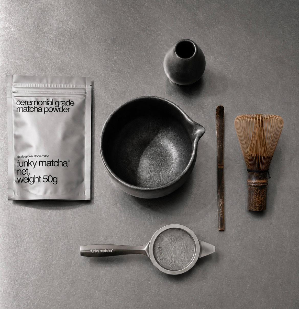 Complete Dark Grey Stoneware Matcha Gift Set with Ceremonial Matcha