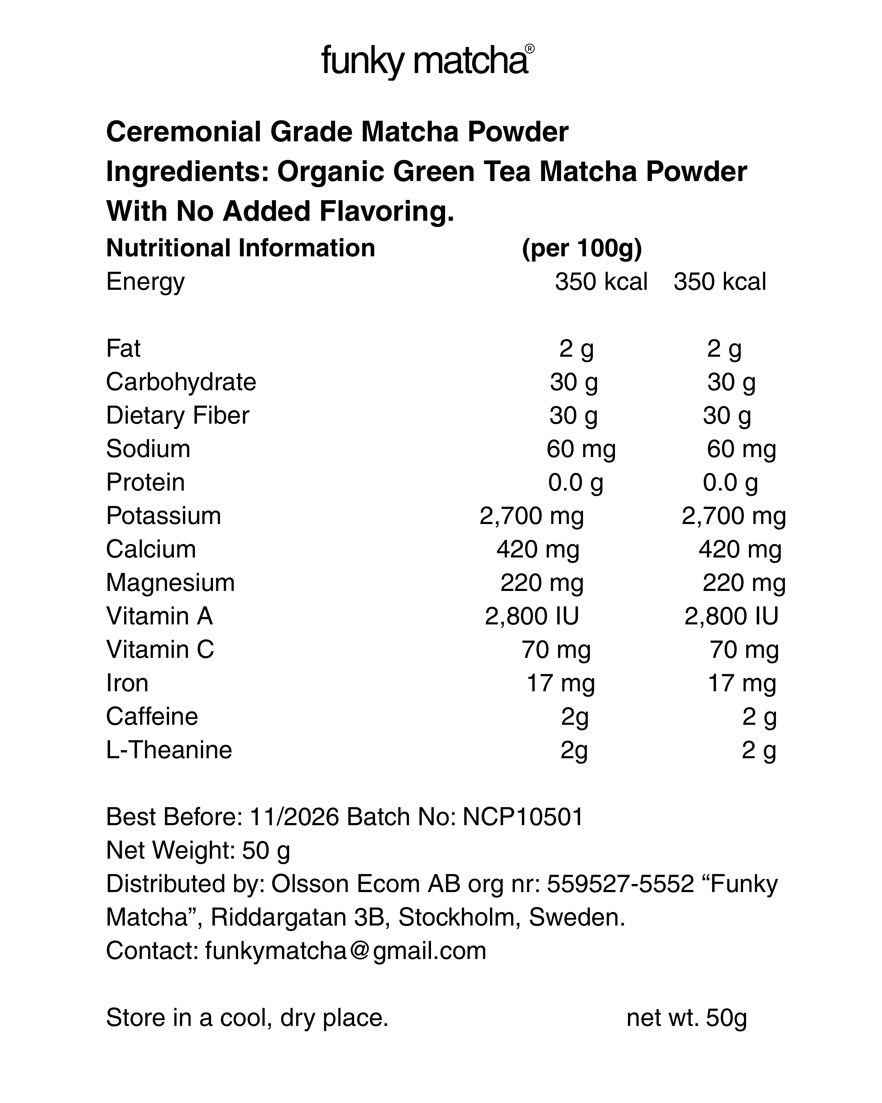 Vanilla Matcha Powder 50g