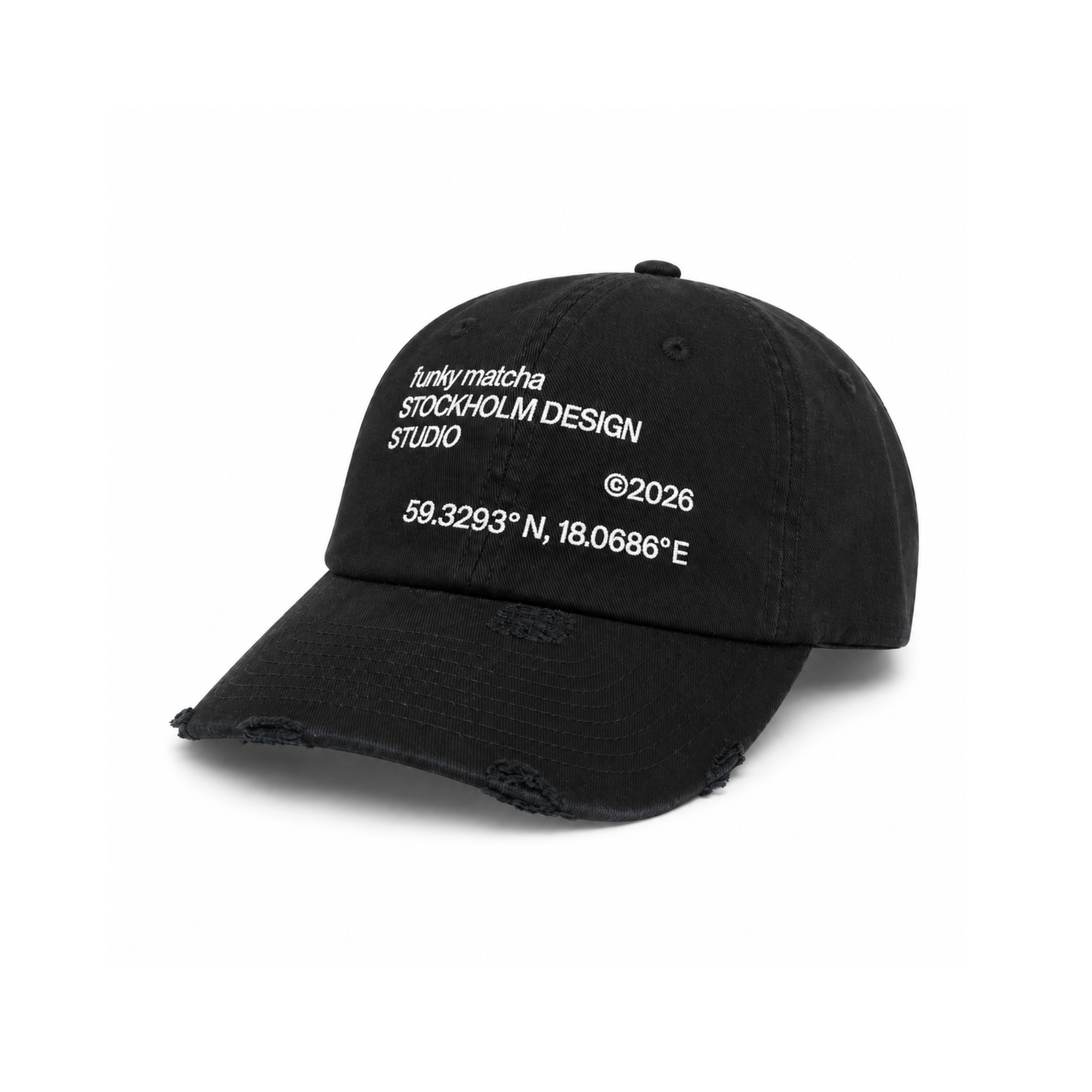 Funky Matcha Stockholm Design Studio Cap — Black Distressed (Limited Edition)