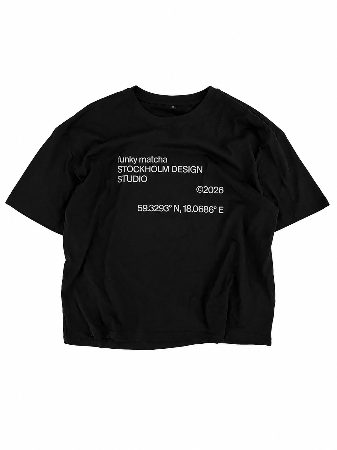 Funky Matcha Stockholm Design Studio T-Shirt — Black Boxy Fit, Silver Reflective Print (Unisex)