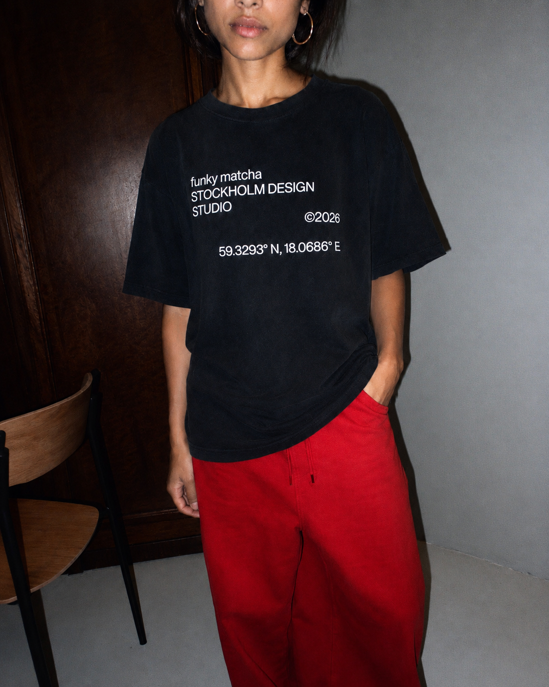Funky Matcha Stockholm Design Studio T-Shirt — Black Boxy Fit, Silver Reflective Print (Unisex)