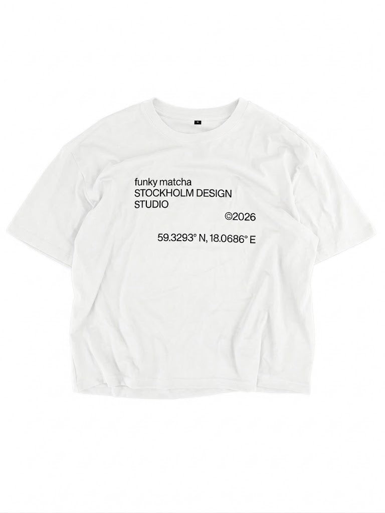 Funky Matcha Stockholm Design Studio White T-Shirt — Boxy Fit, Black Print (Unisex)
