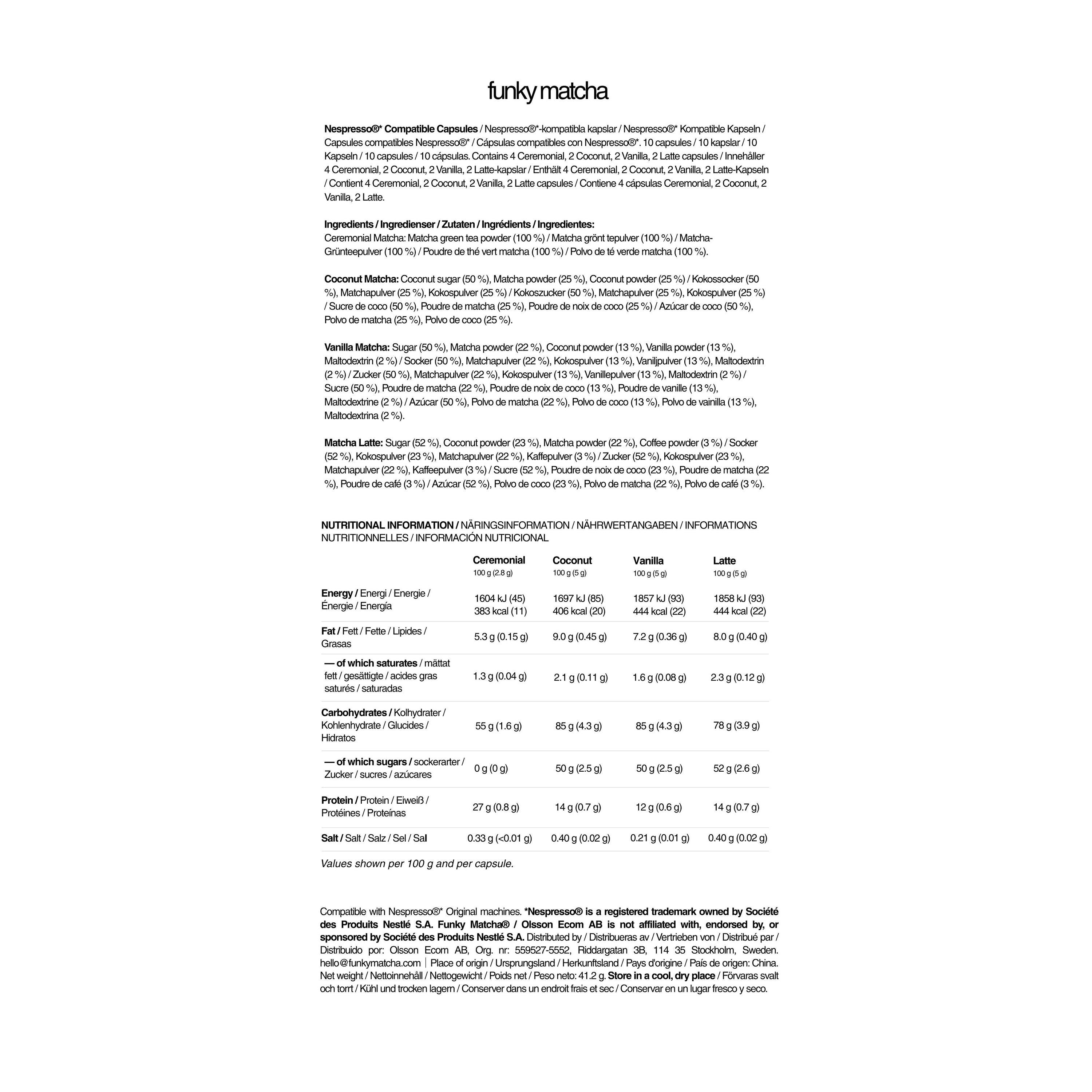 Ingredients and nutrition information for Funky Matcha Signature Selection matcha capsules
