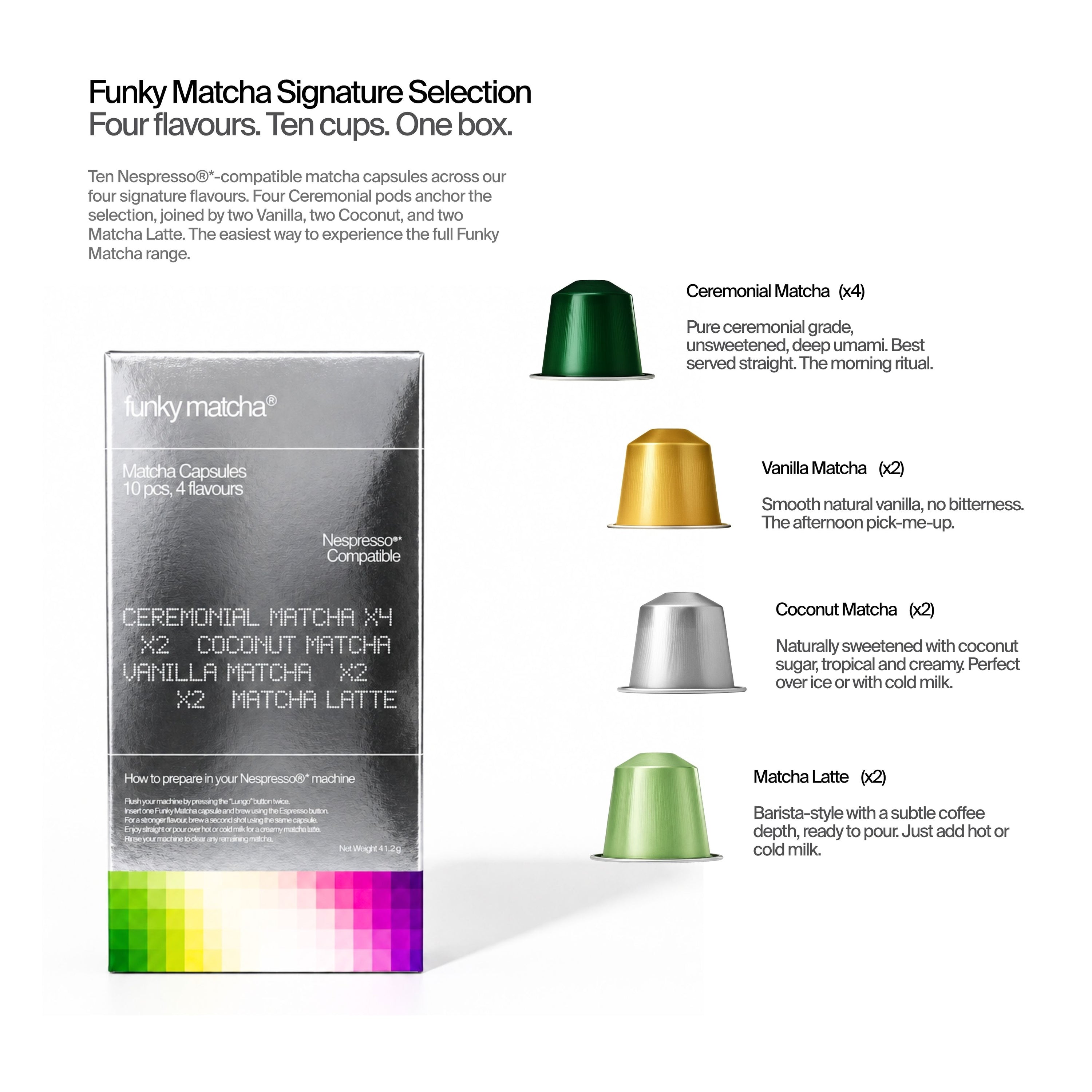 Funky Matcha Signature Selection box and four capsule flavours: Ceremonial, Vanilla, Coconut and Matcha Latte
