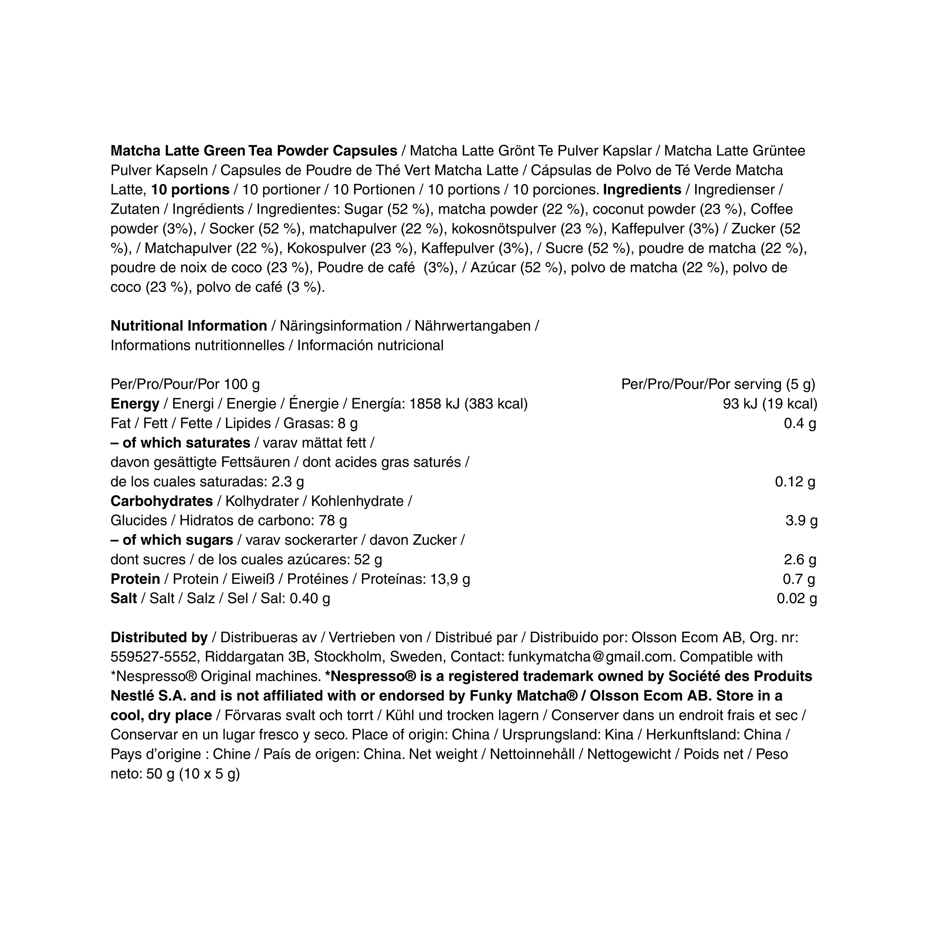 Funky Matcha Latte Pods Nutrition Label – Ingredients & Nutritional Info